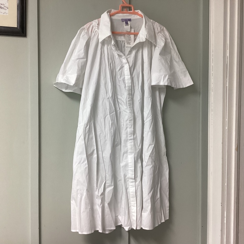 Eien Women’s Dress  Plus Size 1XL Short Sleeve White Collared Cotton Button New